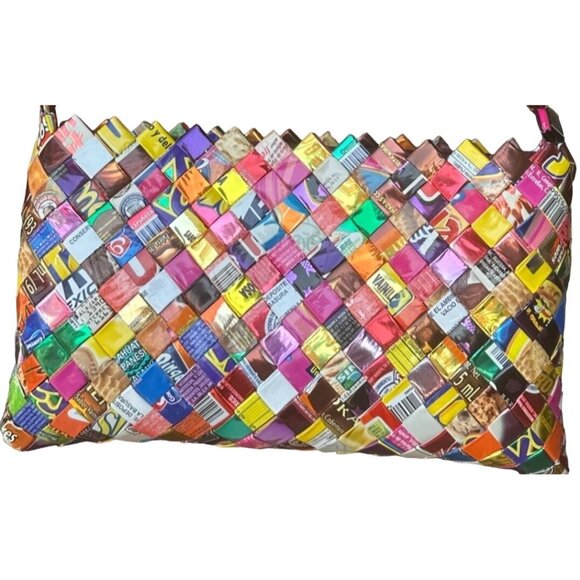 Novelty Pattern Candy Wrappers Multicolored Shoulder Purse 6.5" Tall - Picture 14 of 14